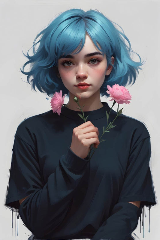 Anime Girl with Blue Hair and Pink flower Wall Art - beink online art store