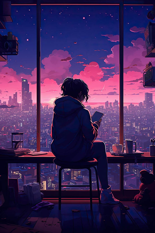 Evening Cityscape Neon Lights Lofi Style and Moody Anime Wall Art - beink online art store