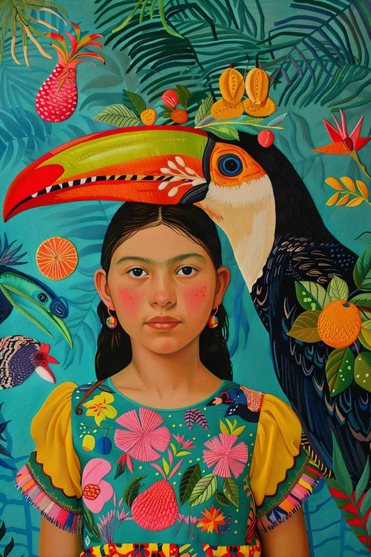 Girl and Macaw in Tropical Rain Forest Art - beink online art store