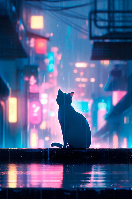 Cat In Cyberpunk City Anime Wall Art - beink online art store