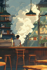 Cartoon Steam  With Man in Coffee shop   Anime Wall  Art