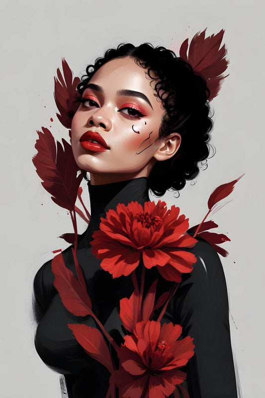 Lady with Curly Hair and Red Flower Wall Art - beink online art store