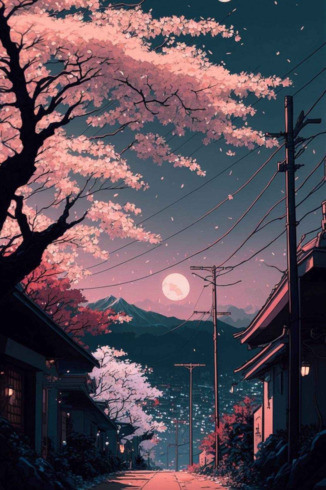 The Moon on The Horizon in Japanese's Town Anime Wall Art - beink online art store