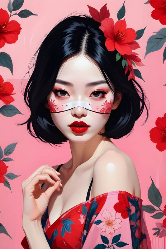 Japanese character with Pink and Red flower background Wall Art - beink online art store