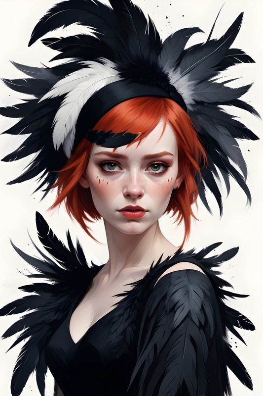 Women Character Red Hair with Black Feather Hat Wall Art - beink online art store