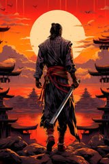 Sunset Style Portrait of Traditional Japanese's Samurai Character Anime Wall Art