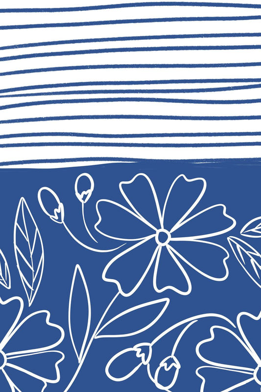 Blue and White Striped Paper With Flowers Wall Art - beink online art store