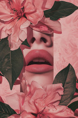 Woman's Face Partially Covered With Pink Flowers