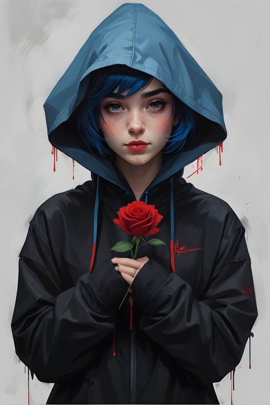 Anime Girl with Blue Hair and Blue Eyes in a Blue Jacket Wall Art - beink online art store