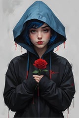Anime Girl with Blue Hair and Blue Eyes in a Blue Jacket Wall Art - beink online art store