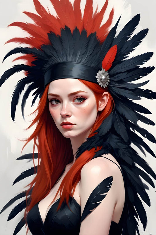 Orange Hair women with Black and Orange feather Wall Art - beink online art store