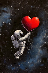 Astronaut in the space holding a big red heart wall art - beink online art store