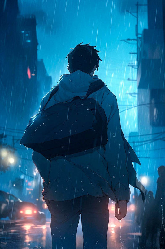 A Person in the rain Anime Boy Standing in Rain Anime Wall Art - beink online art store