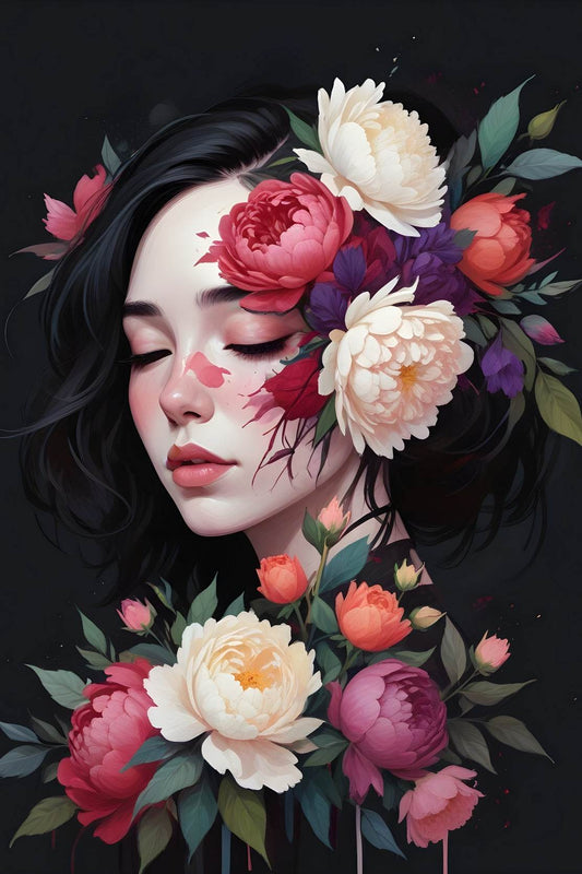 Kawaii Girl with Flowers Asian Style Anime Wall Art - beink online art store