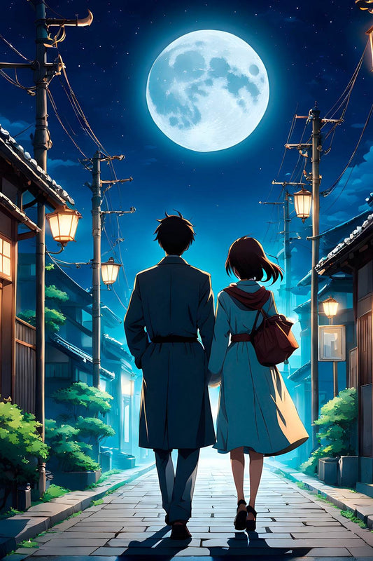 Anime scene of a Man and a Woman Walking Down Under the Moon Anime Wall Art - beink online art store