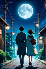 Anime scene of a Man and a Woman Walking Down Under the Moon Anime Wall  Art