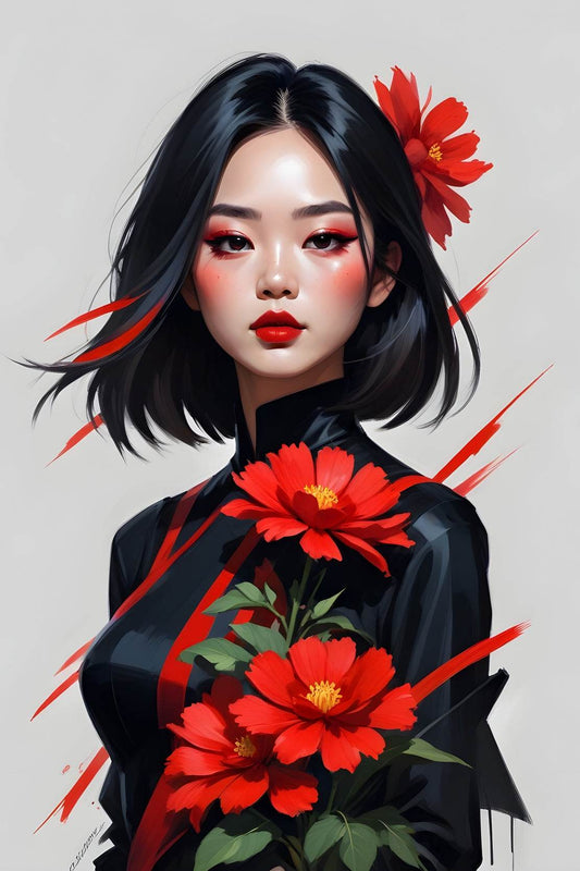 Asian Style lady with Red Flower Wall Art - beink online art store