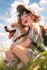 Portrait of cute dog in anime style with owner Wall  Art