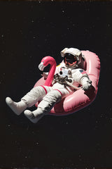 Spaceman floating free in space on a pink Inflatable  Flamingo Ride-On