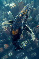 Whale Fantasy Flying Over Buildings Wall Art