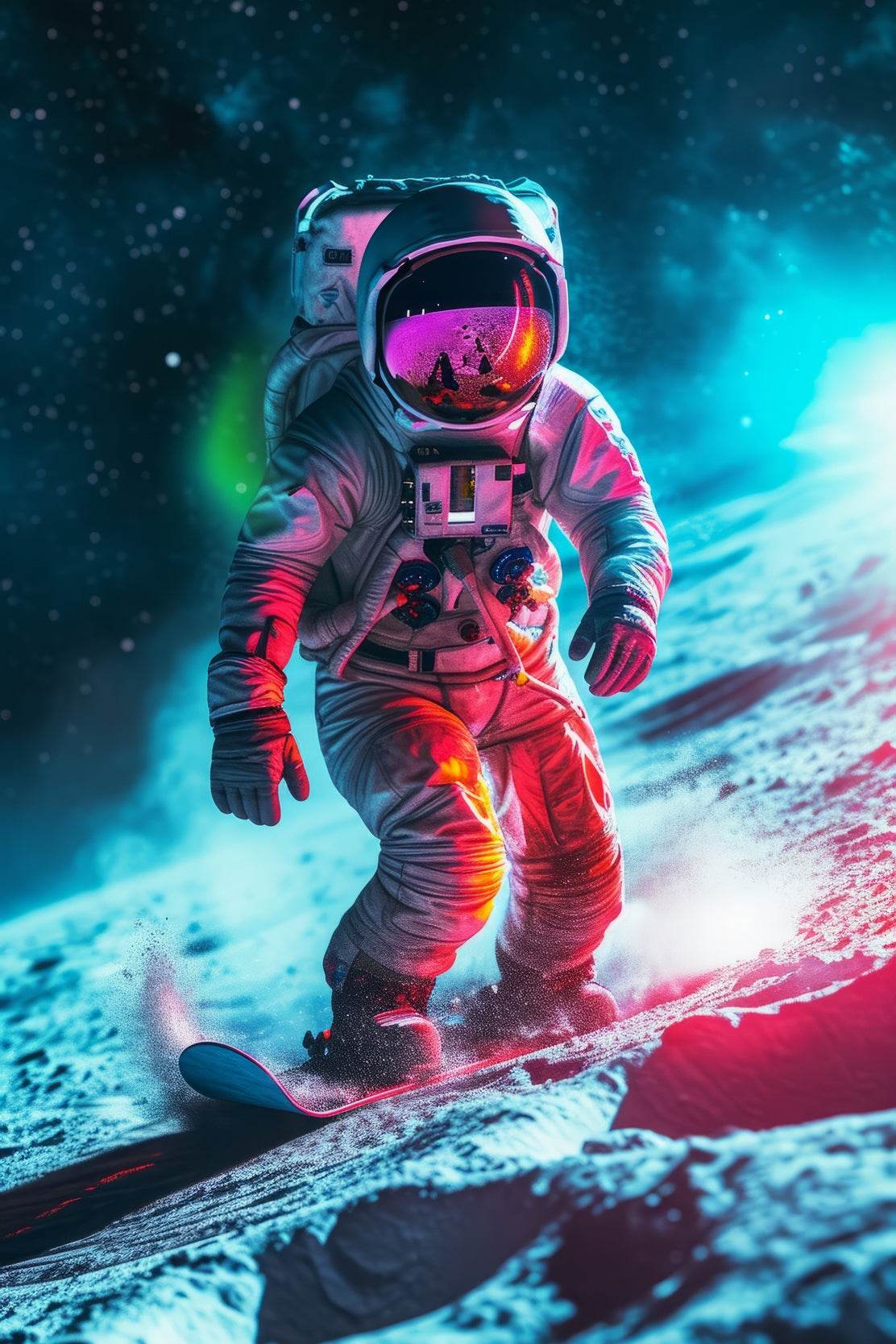 Astronaut with spacesuit on practicing snowboarding on the moon - beink online art store