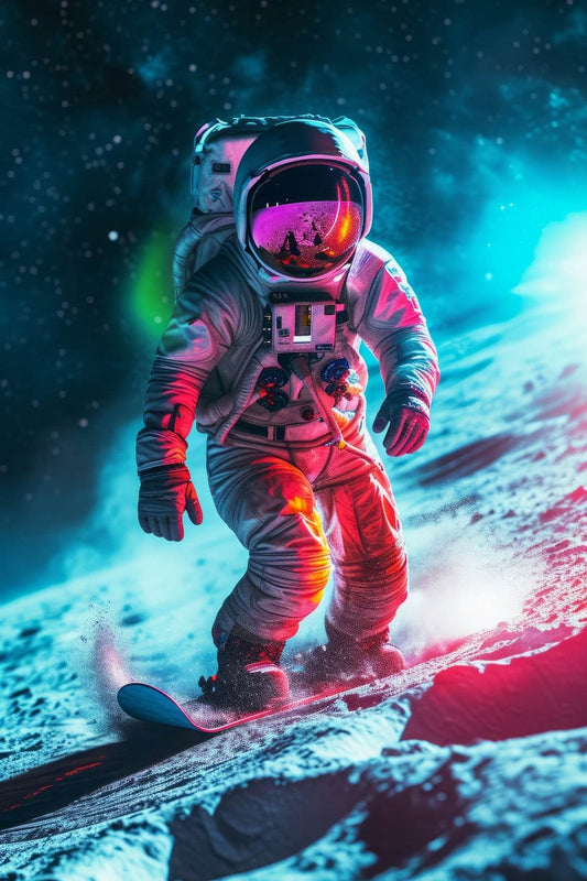 Astronaut with spacesuit on practicing snowboarding on the moon - beink online art store