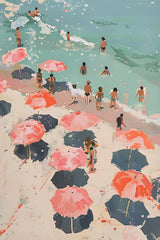 Painting People On The Beach With Umbrellas Wall Art