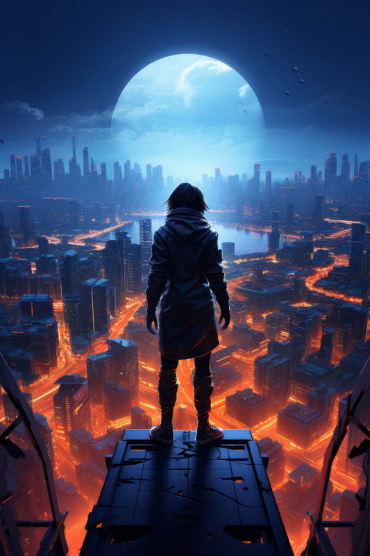 Man Stands On a Ledge Looking At a Cityscape Anime Wall Art - beink online art store