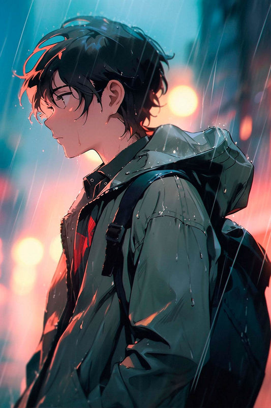 Anime Boy with backpack In street In The Rain Anime Wall Art - beink online art store