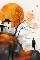 Orange Moon and Ancient House Wall Art