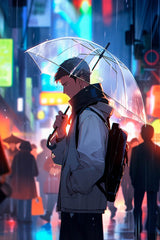 Guy Standing In Rain With Umbrella Anime Wall Art - beink online art store