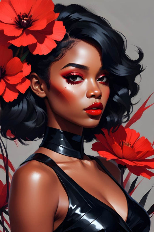 Abstract Style Anime Art of Black Girl with Red Flower Wall Art - beink online art store