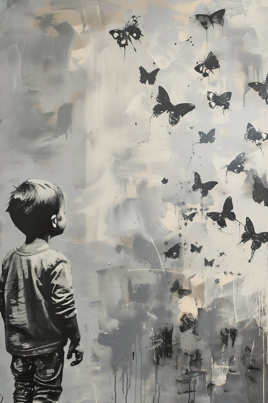 A Kid Watching Butterflies - Childhood Memory Wall Art - beink online art store