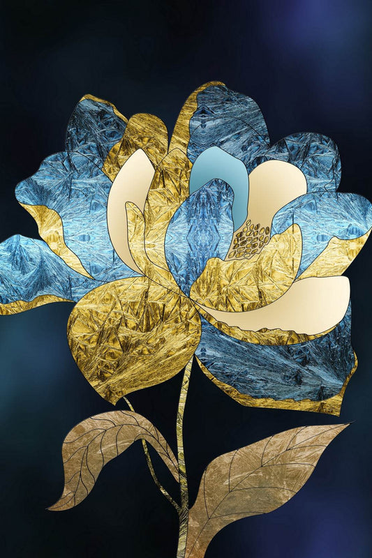 Golden and Blue Flower Modern Wall Art - beink online art store