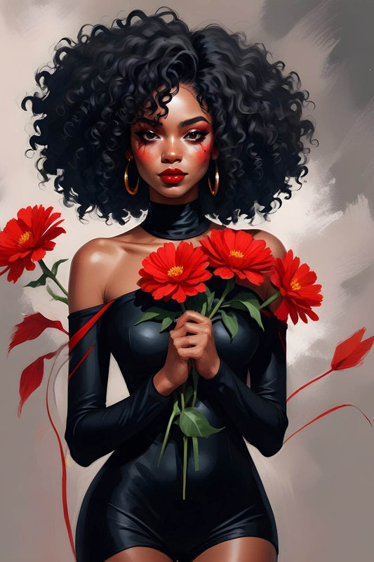 Black Woman in Black Dress Holding Red flower Wall Art - beink online art store