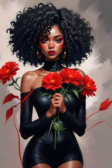 Black Woman in Black Dress Holding Red flower Wall Art - beink online art store
