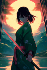 Anime Girl With katana In Forest Sunset Anime Wall Art