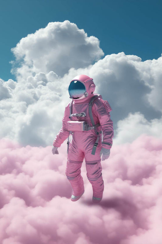 Astronaut in pink suit standing in a cloud Wall Art - beink online art store