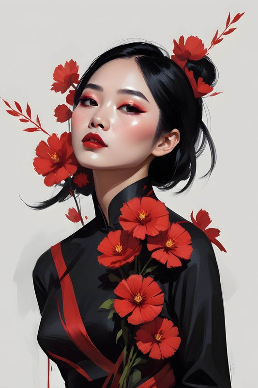 Asian Lady with Traditional Dress with Red flower Wall Art - beink online art store