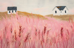 Abstract Pink Meadow Painting With Grass and House