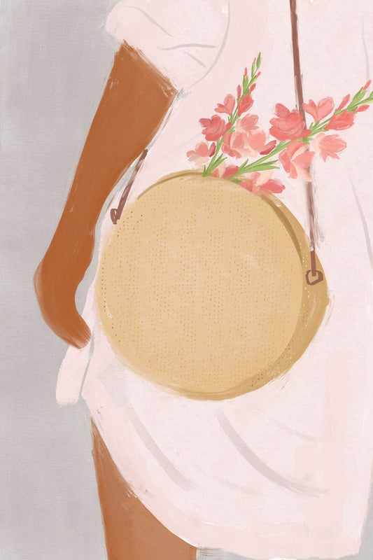 Woman in A White Shirt With A Bag Decorated With Flowers Wall Art - beink online art store