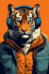 Painting of a Tiger Wearing Headphones and a Jacket.