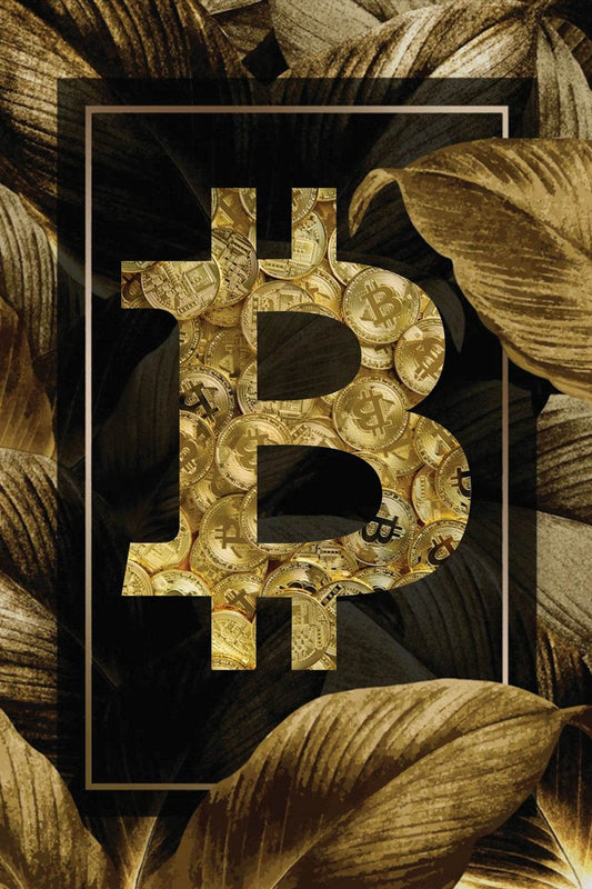 Bitcoin Logo with Gold Leaves Background Wall Art - beink online art store