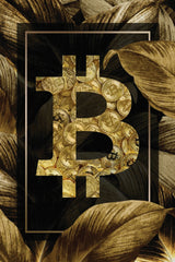 Bitcoin Logo with Gold Leaves Background Wall Art