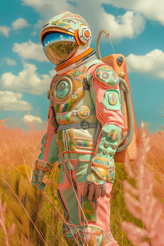 An astronaut in a space suit in a flower field wall art - beink online art store