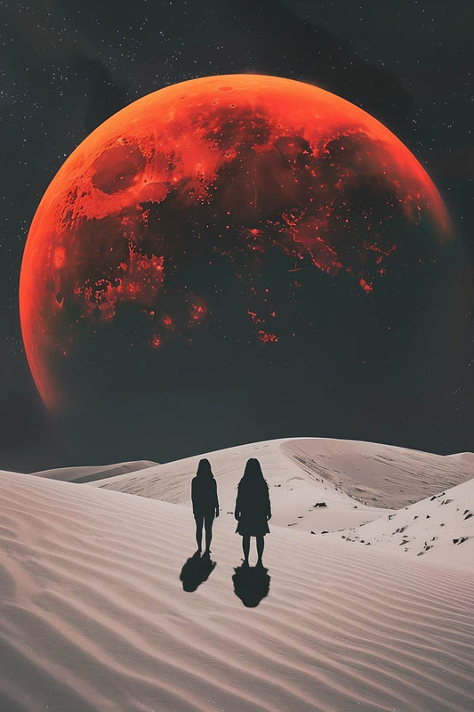 Desolate monochrome wasteland with red moon, solar eclipse at night wall art - beink online art store