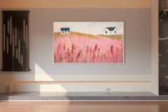 Abstract Pink Meadow Painting With Grass and House