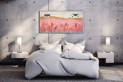 Abstract Pink Meadow Painting With Grass and House