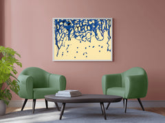 Scattered Blue Paint on Yellow Background Abstract Wall Art