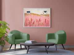 Abstract Pink Meadow Painting With Grass and House